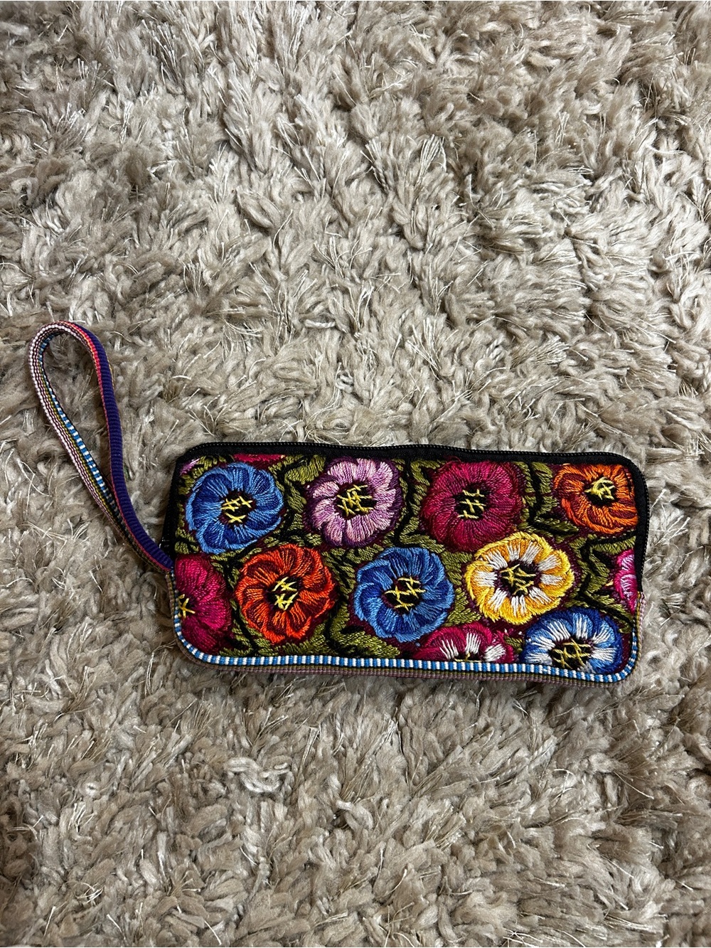 Hand Crafted Multicolor Embroidered Floral Wristlet Wallet